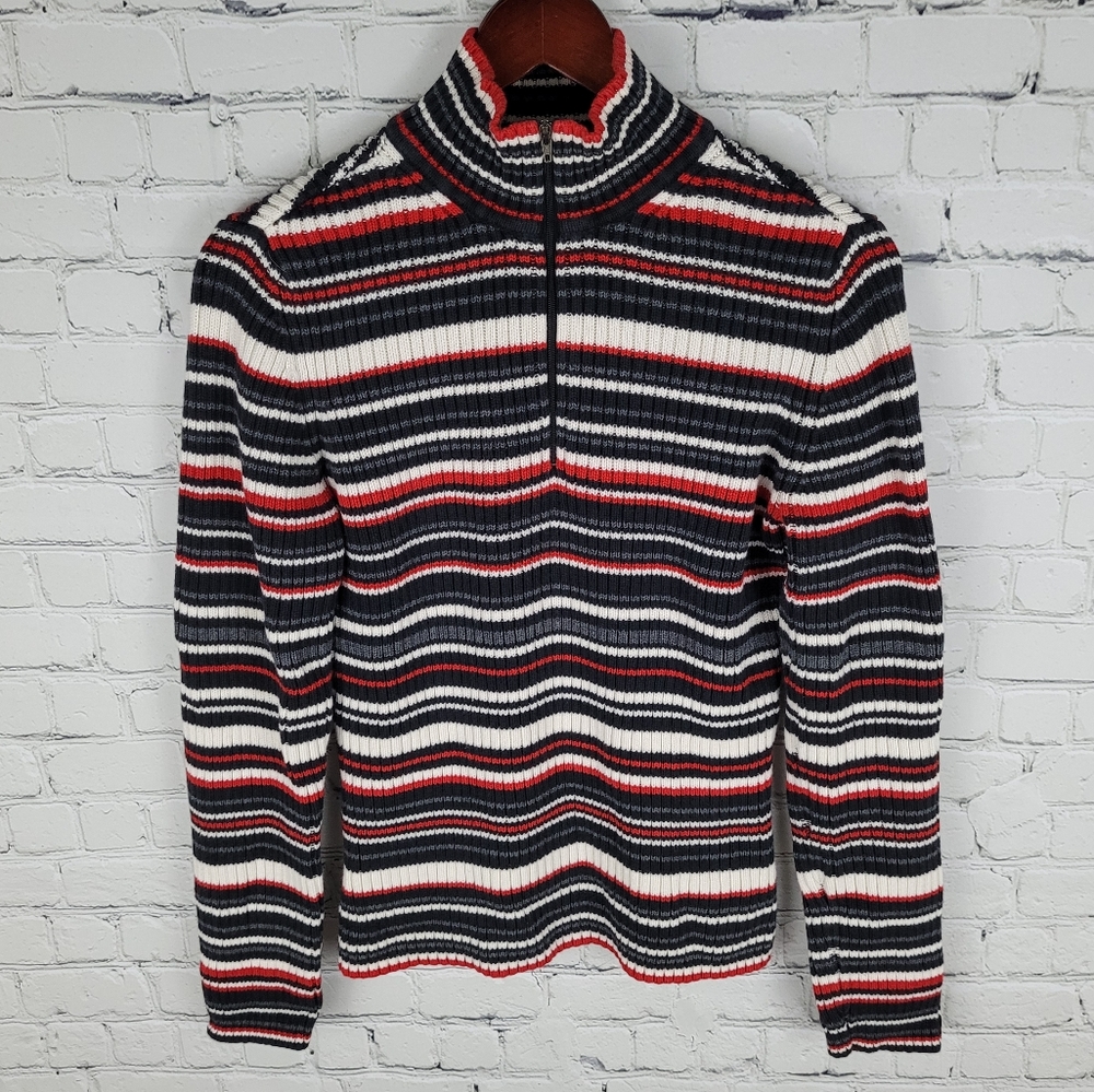 TOMMY HILFIGER | striped ribbed knit ⅓ zip turtleneck long sleeve sweater